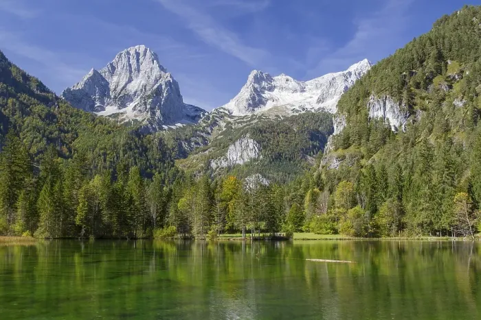 Framed Print : Schiederweiher lake, in front of the Spitzmauer and Grosser Priel mountains