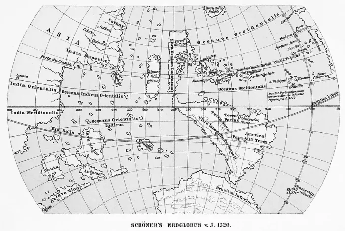 Framed Print : Schoener's globe of the earth from 1520 historical map