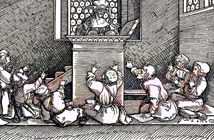 Framed Print : In a school parlour in the 16th century Framed Print : In a school parlour in the 16th century