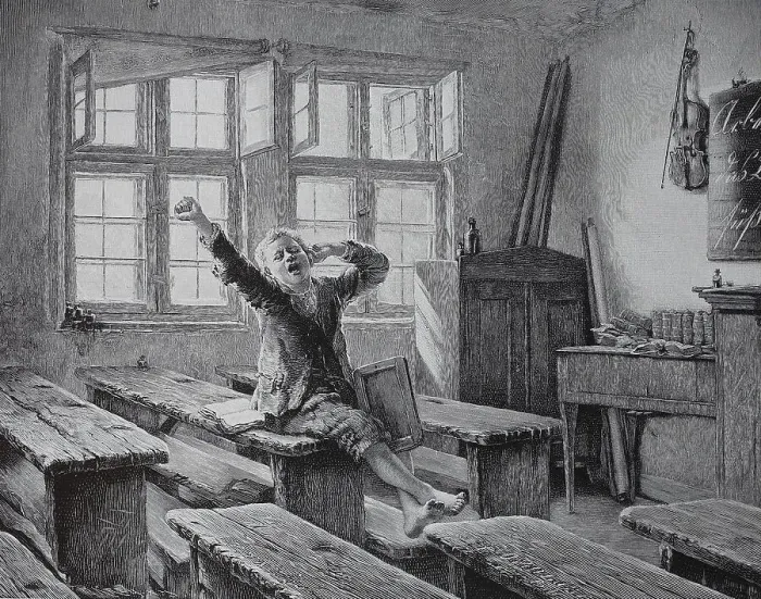 Framed Print : A schoolboy has to sit alone after school in the classroom and stretches out from fatigue Framed Print : A schoolboy has to sit alone after school in the classroom and stretches out from fatigue