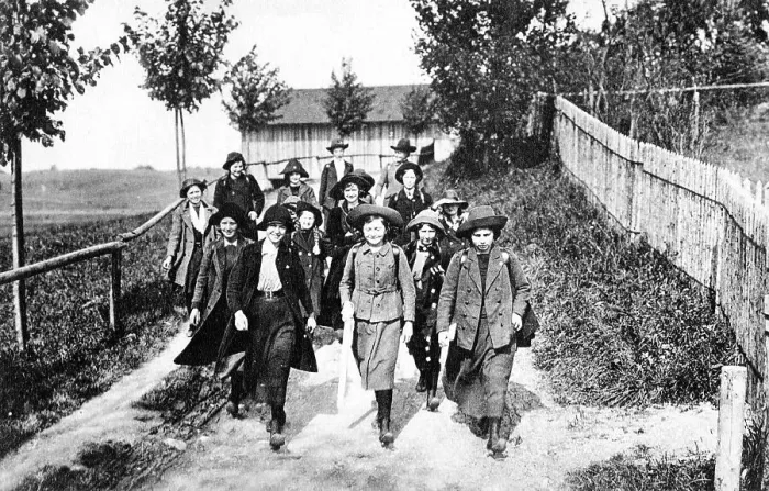 Framed Print : Schoolchildren, girls in school uniform on a hike 1930s Framed Print : Schoolchildren, girls in school uniform on a hike 1930s