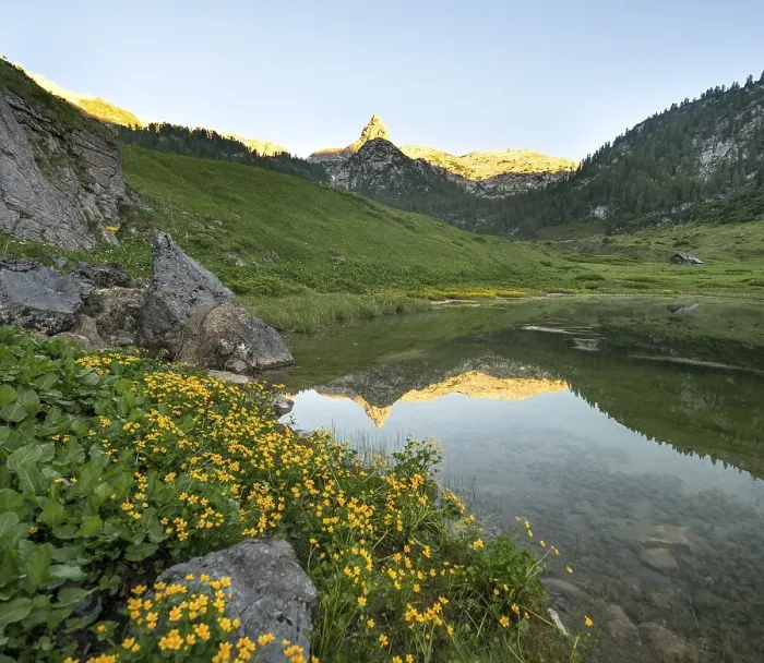 Framed Print : Schottmalhorn reflected in lake Funtensee at sunset