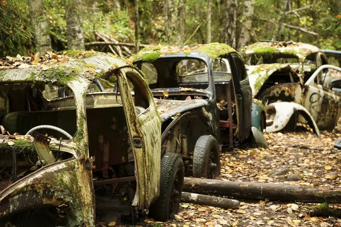 Framed Print : Scrap cars, VW Beetle in a row Framed Print : Scrap cars, VW Beetle in a row
