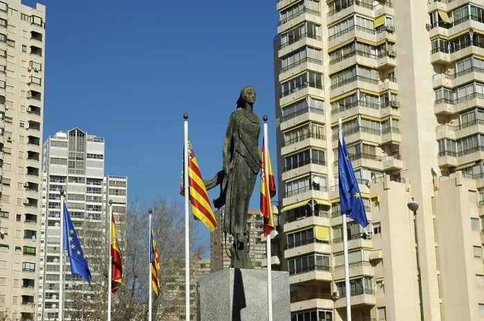 Framed Print : Sculpture and flags at the Europe square