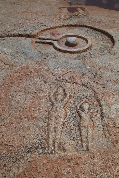 Framed Print : Sculpture on rock near tungabhadra river hampi