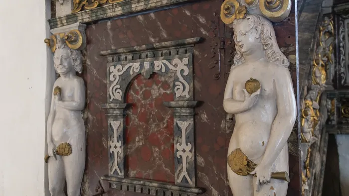 Framed Print : Sculptures of Adam and Eve, medieval church Framed Print : Sculptures of Adam and Eve, medieval church