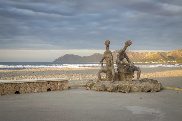Framed Print : Sculptures by Joan Bennassar on beach promenade with sandy beach Playa Sa Canova in Son Serra de Marina