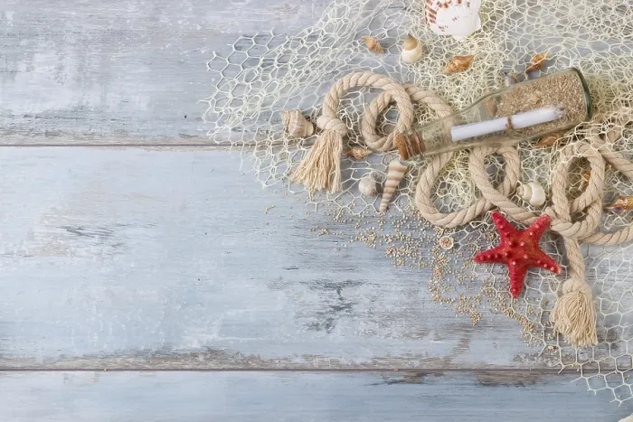 Framed Print : Sea shells in a fishnet, on wooden board Framed Print : Sea shells in a fishnet, on wooden board