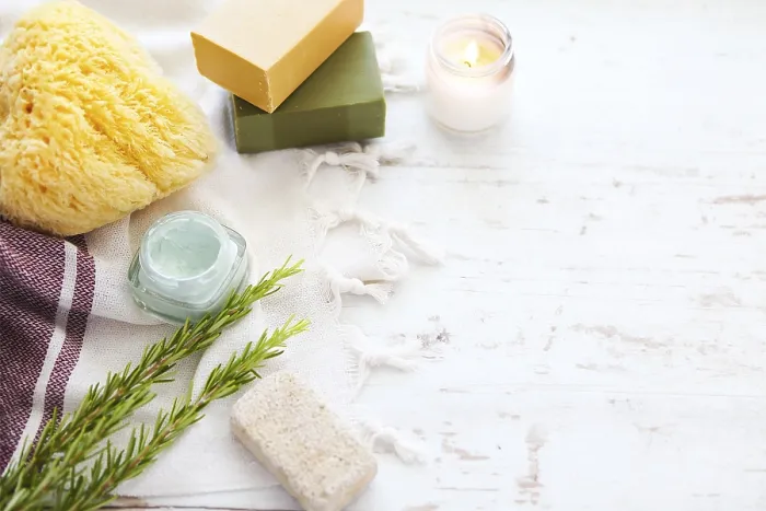 Framed Print : Sea sponge, organic olive soap and bath accessories on stone background