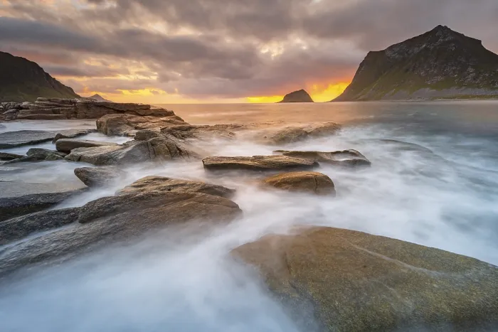 Framed Print : Sea surf in warm evening light with coastal landscape on Lofoten Framed Print : Sea surf in warm evening light with coastal landscape on Lofoten