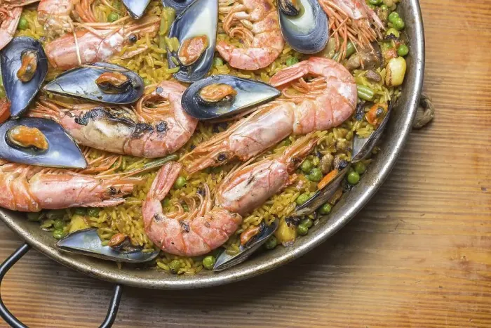 Framed Print : Seafood paella with prawns and shellfish
