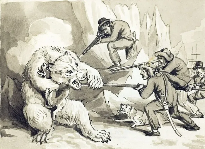 Framed Print : Seamen in the whale fishery shooting a polar bear
