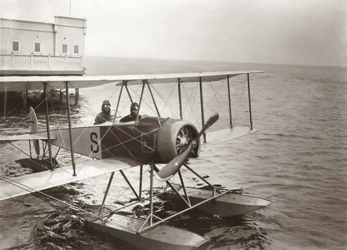Framed Print : Seaplane 1919. On April 11 1919 was the first flight of the route Malmoe Sweden - Copenhagen Denmark. The pilot Axel Lind made the flight in 27 minutes. The plane from Enoch Thulins aircraft factory