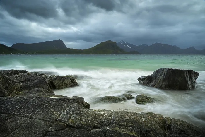 Framed Print : Seascape on the beach at Haukland