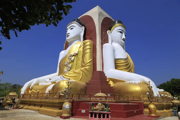Framed Print : Seated Buddha statues at the Kyaik Pun Pagoda in Bago Framed Print : Seated Buddha statues at the Kyaik Pun Pagoda in Bago
