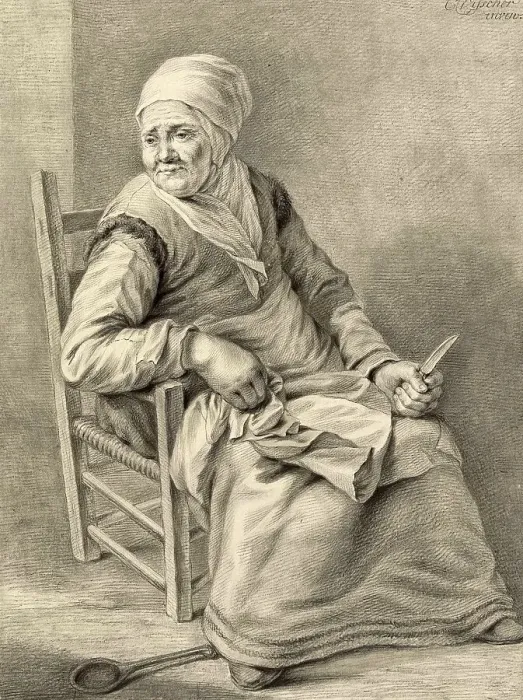 Framed Print : Seated old woman with knife in the kitchen