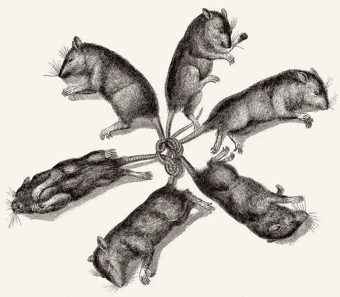 Framed Print : Sechs Ratten sind an den Schwaenzen verbunden