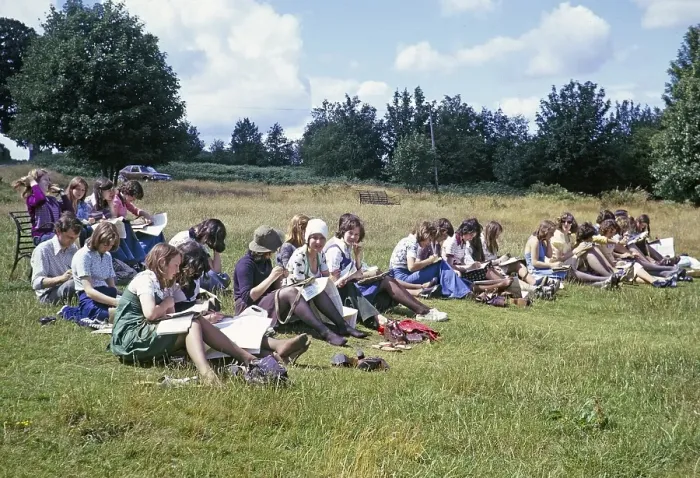 Framed Print : Secondary school girls doing fieldwork in geography, Great Britain 1970s Girls doing fieldwork, making observational sketches and notes 1975