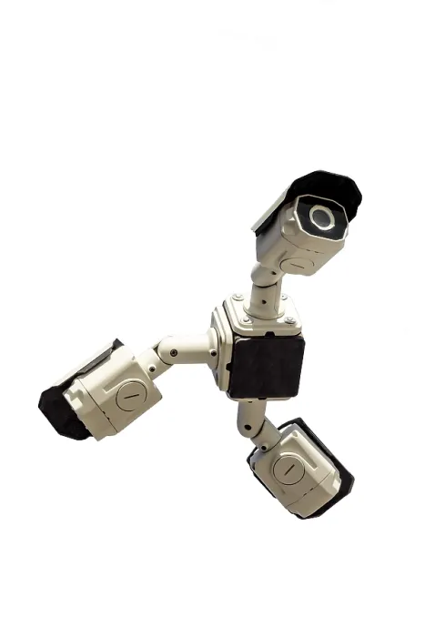 Framed Print : Three security cctv cameras on white background