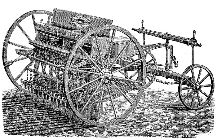 Framed Print : A seed drill from 1880, agricultural seed drill for row sowing Framed Print : A seed drill from 1880, agricultural seed drill for row sowing