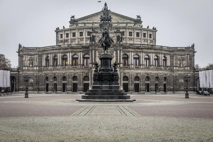 Framed Print : The Semperoper in Dresden with its classicist and renaissance-inspired style on a cloudy day
