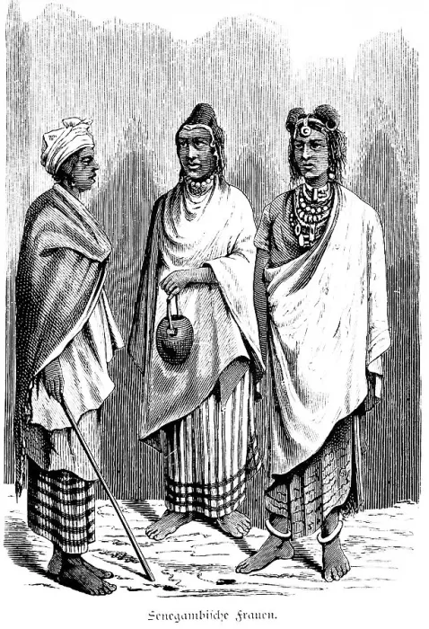 Framed Print : Three Senegambian women, traditional dress