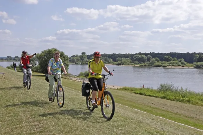 Framed Print : Senior citizens cycling on the Elbe river cycle path