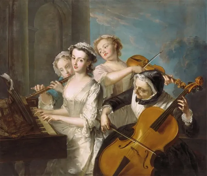 Framed Print : The Sense of Hearing, hearing, group of four woman with musical instruments