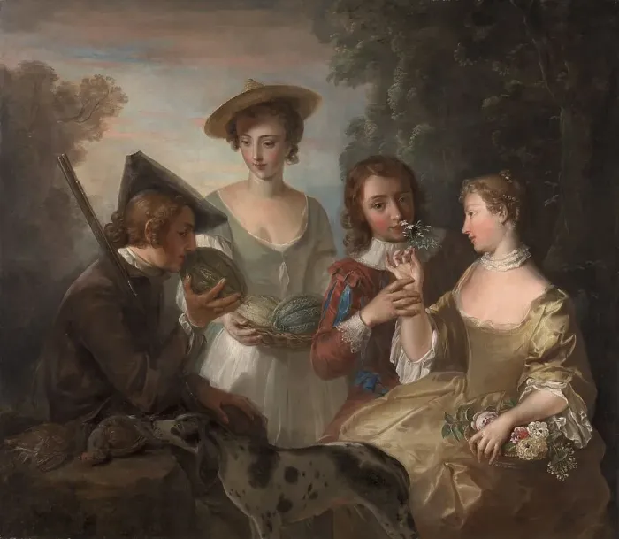 Framed Print : The Sense of Smell, group of four people smelling various fruits and plants