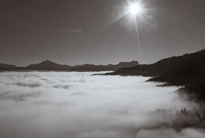 Framed Print : Sepia colours, Schafberg and Drachenwand rise out of the sea of fog