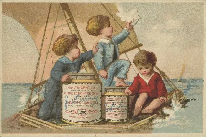 Framed Print : Series Genre Pictures 2 (1873 to 1878) (Paris) Shipwrecked children on a makeshift raft with a Liebig glass