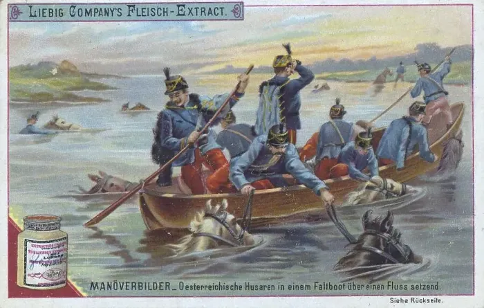 Framed Print : Series of manoeuvre pictures, Austrian hussars in a folding boat set across a river