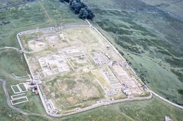 Framed Print : Series of oblique aerial photographs of sites associated with Hadrian's Wall, circa 1970s Roman fort Housesteads, Northumberland, England, United Kingdom from the east