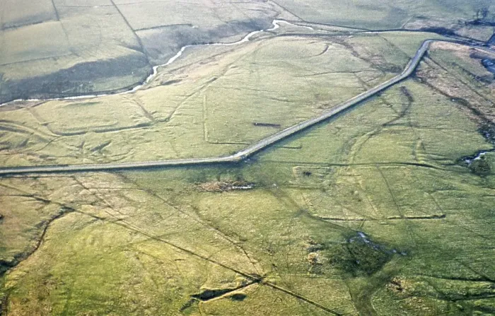 Framed Print : Series of oblique aerial views of sites associated with Hadrian's Wall, c. 1970s Outlines of structures in fields, undetermined location between Cawfields and the Roman fort of Great Chesters, Northumberland, England, UK