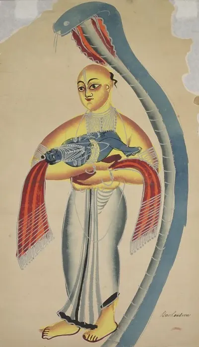 Framed Print : A serpent protects Vasudeva who is carrying his young son Krishna to safety