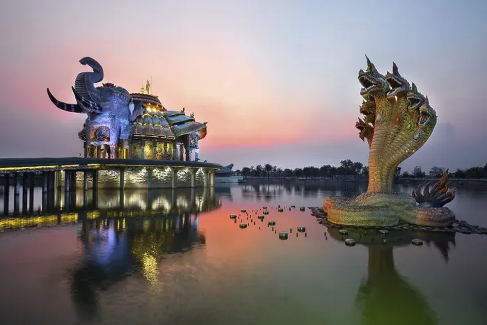 Framed Print : Seven-headed Naga serpent in front of the Elephant Temple Thep Wittayakhom Vihara Framed Print : Seven-headed Naga serpent in front of the Elephant Temple Thep Wittayakhom Vihara