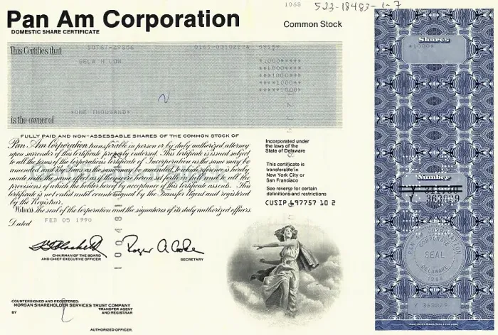 Framed Print : Share, Pan Am Corporation, 1990 Framed Print : Share, Pan Am Corporation, 1990