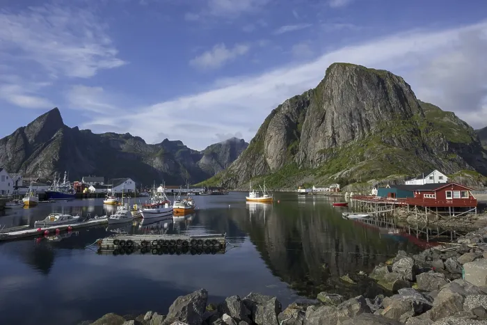 Framed Print : Sheltered harbour and high mountains Framed Print : Sheltered harbour and high mountains