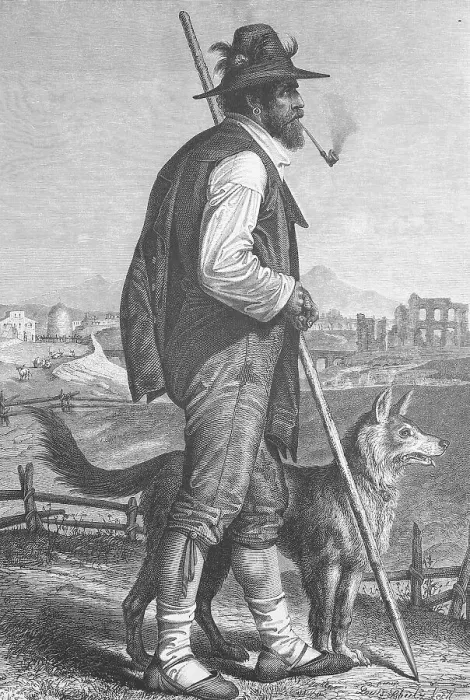Framed Print : Shepherd with pipe and shepherd's crook and with his shepherd dog from Campania Framed Print : Shepherd with pipe and shepherd's crook and with his shepherd dog from Campania