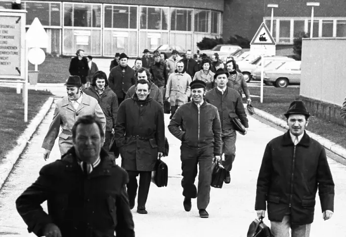 Framed Print : The shift change at the Opel factory gate in Bochum on 29