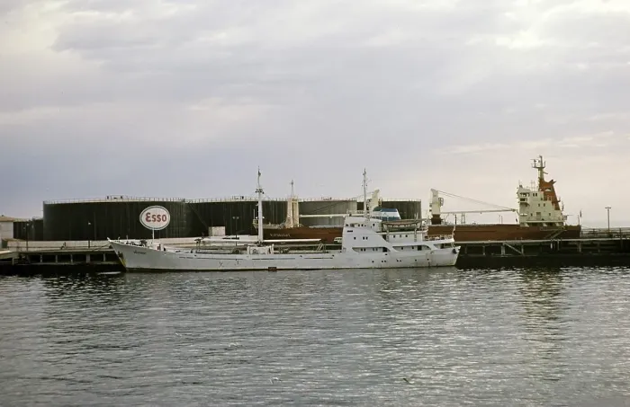 Framed Print : Ship and Esso oil tanks, harbour of Dakar, Senegal, West Africa 1978, Africa