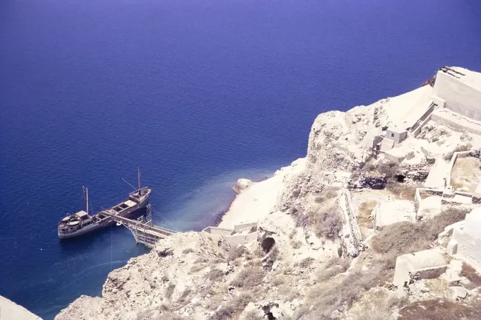 Framed Print : Ship at jetty of quarry, industrial activity at Oia, Santorini, Cyclades islands, Greece, Europe, 1972, Europe Framed Print : Ship at jetty of quarry, industrial activity at Oia, Santorini, Cyclades islands, Greece, Europe, 1972, Europe