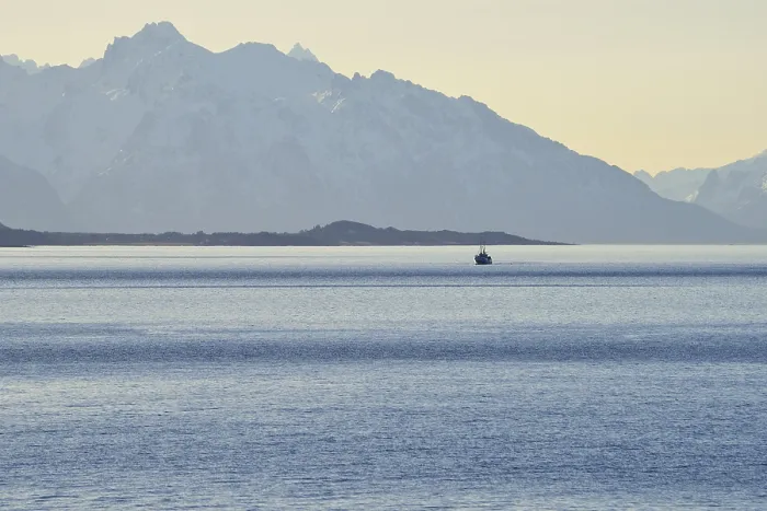 Framed Print : Ship in the Sortlandsund in front of the mountains