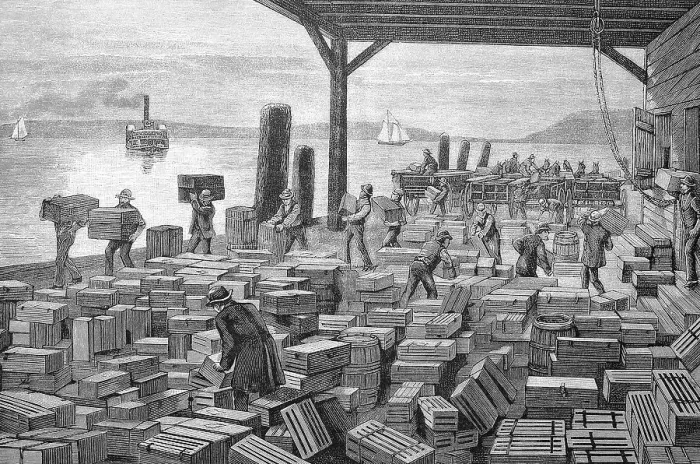 Framed Print : Shipment of grapes in America, stacking yard with crates of fresh grapes to be loaded onto a steamer