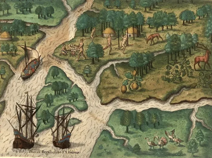 Framed Print : Two ships arrive at Port Royal and send a boat to Wolfs Point, where Native Americans cooking over a barbecue flee the French