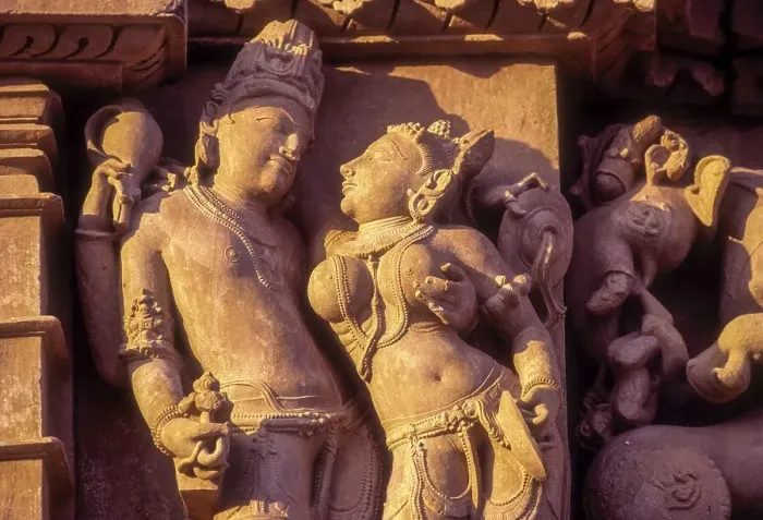 Framed Print : Shiva and Parvathi share an easy familiarity in Parshvanatha temple at Khajuraho