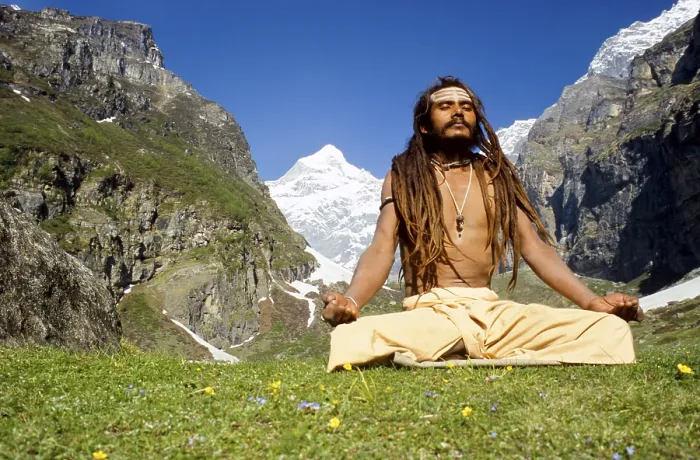 Framed Print : Shiva sadhu meditating next to his cave high above Badrinath