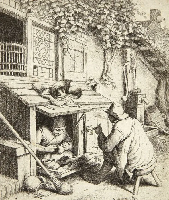 Framed Print : The shoemaker in a tiny shop on the street repairs a customer's shoes Framed Print : The shoemaker in a tiny shop on the street repairs a customer's shoes