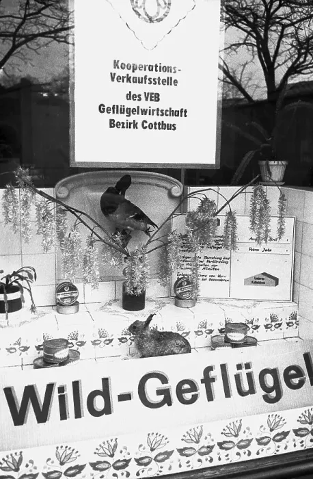 Framed Print : Shop window of a sales point for game and poultry with canned food