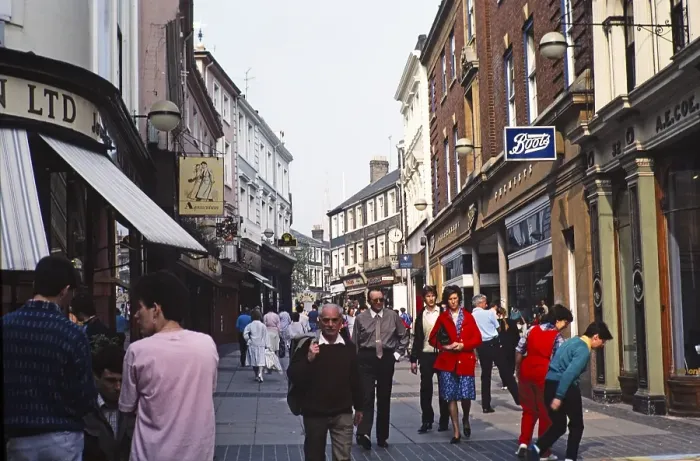 Framed Print : Shoppers in the pedestrian zone of London Street, Norwich, Norfolk, England, Great Britain 1987